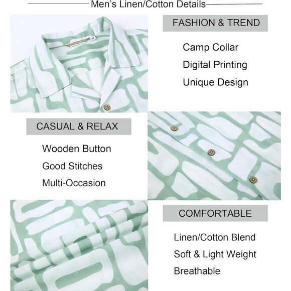 Alex Vando Men's Linen Cotton Hawaiian Shirt Short Sleeve Summer Casual - Picture 5 of 5